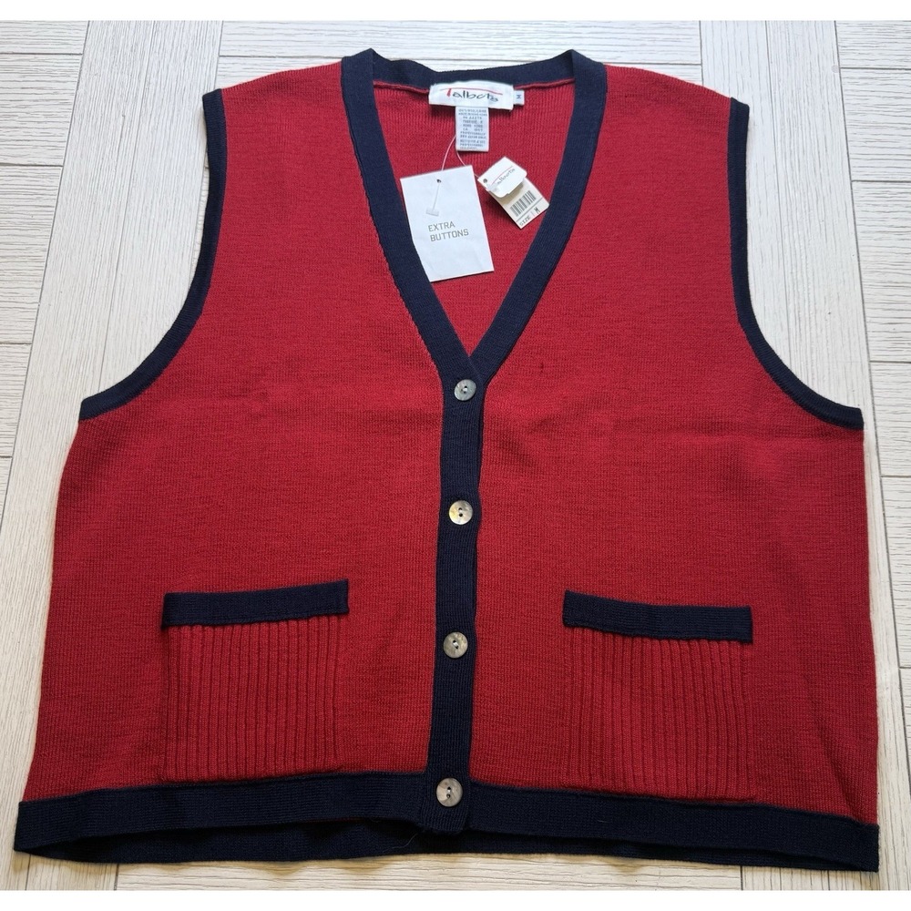 Talbots NWT Red Black Sz M Wool Button Front Sweater Vest Classic Preppy Career